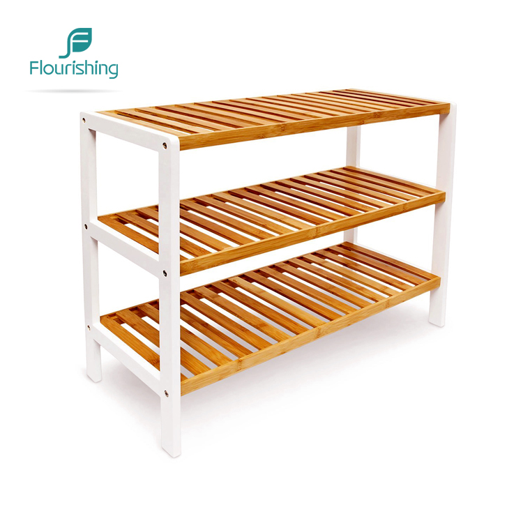 3 Tier Pine Wooden Natural Bamboo And MDF Shoe Rack Storage Organizer Shelf For Entryways Living Room Home Decoration