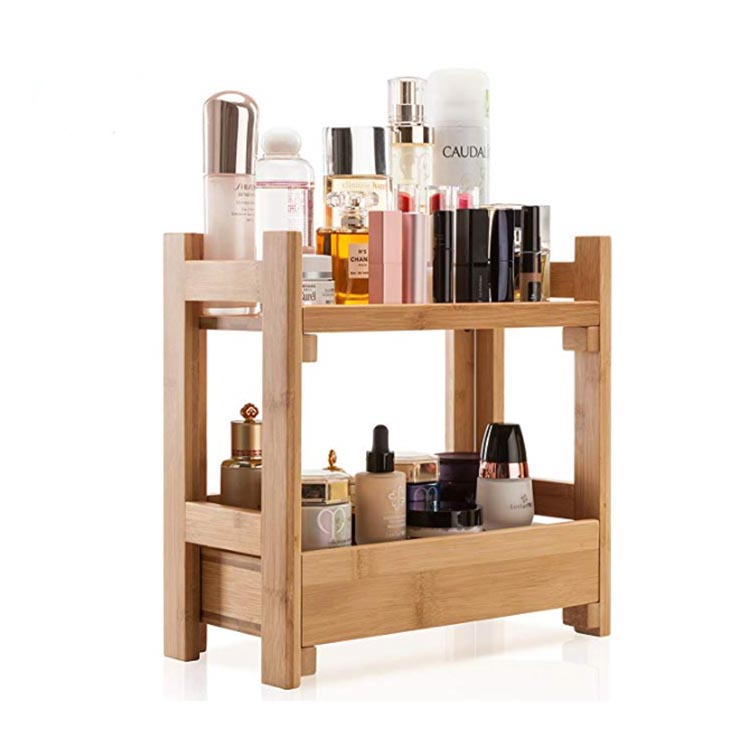 Natural Bamboo Modern Makeup Organizer Holder Cosmetic Storage Bathroom Organizer Display Shelf With Drawer