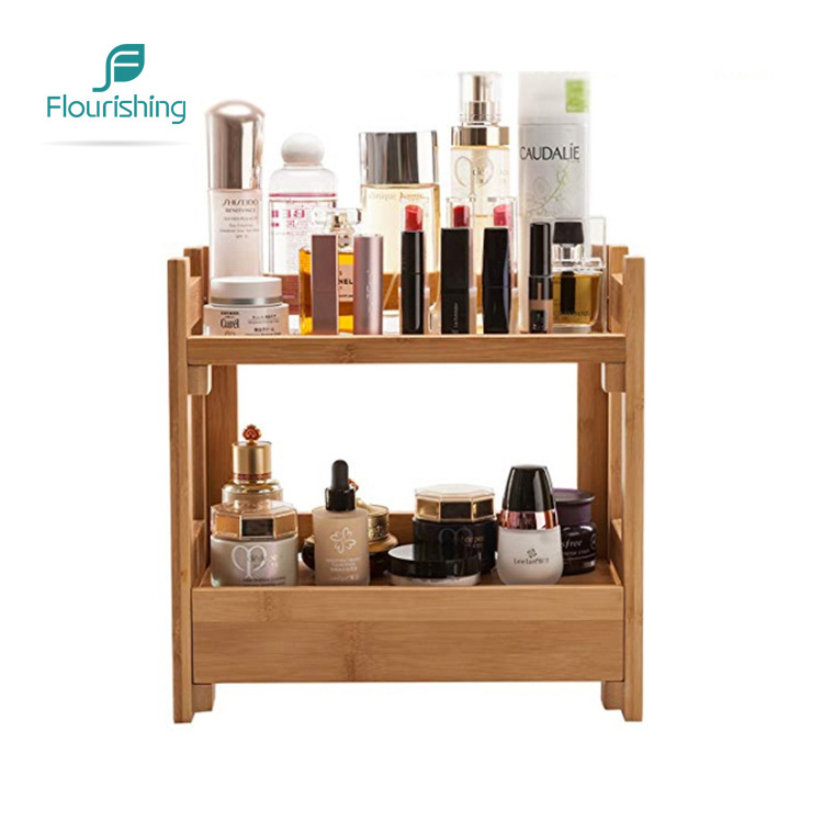 Natural Bamboo Modern Makeup Organizer Holder Cosmetic Storage Bathroom Organizer Display Shelf With Drawer