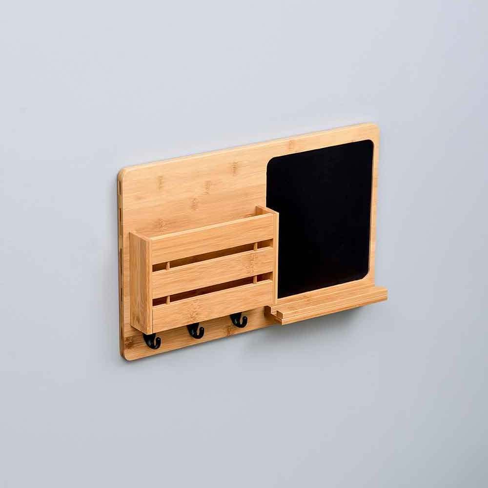 Living Room Wall Mounted Chalkboard Mail Holder Bamboo Storage Organizer with Key Hooks Wooden Coat Wall Shelf for Home Decor