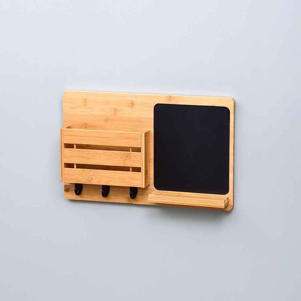 Living Room Wall Mounted Chalkboard Mail Holder Bamboo Storage Organizer with Key Hooks Wooden Coat Wall Shelf for Home Decor