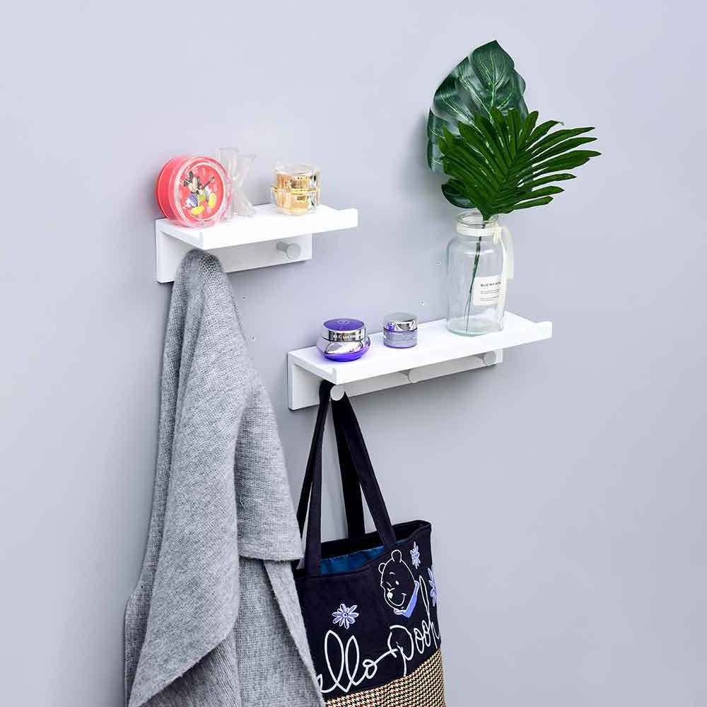 Wall Mounted Shelf White Display Rack Key Hooks Wood Wall Shelf With Hooks For Living Room Bedroom Coat Hooks Floating Shelves