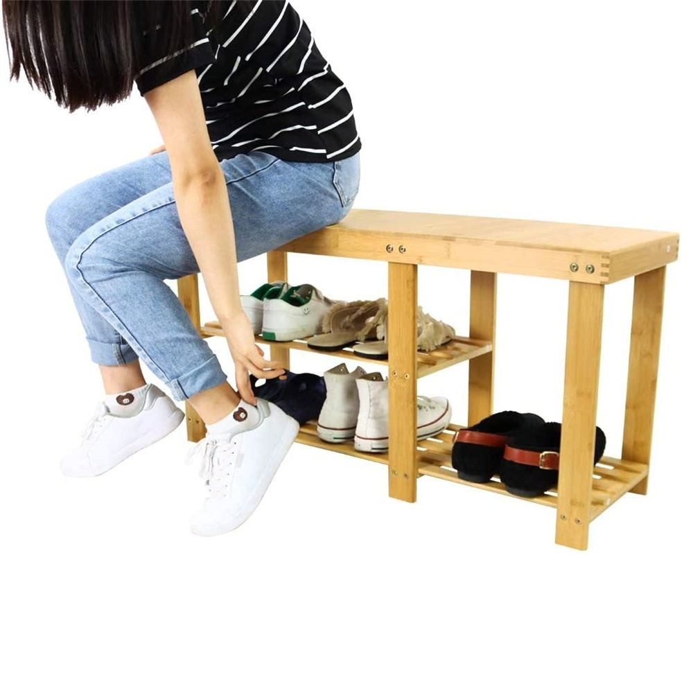 3 Tier Shoe Storage Shelf Bamboo Bench with Shelves Hallway Bamboo Shoe Rack Bench