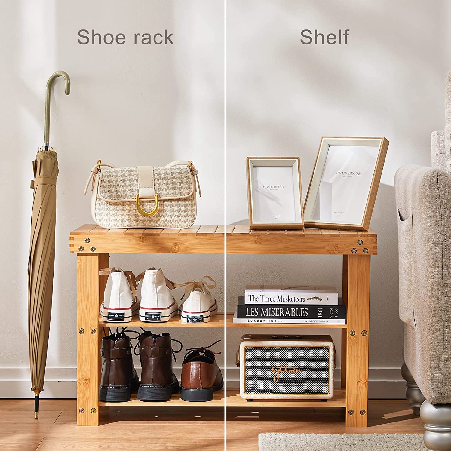 Bamboo Shoe Rack Bench 3 Tier Sturdy Shoe Organizer Storage Shoe Shelf storage holder racks Counter Organizer