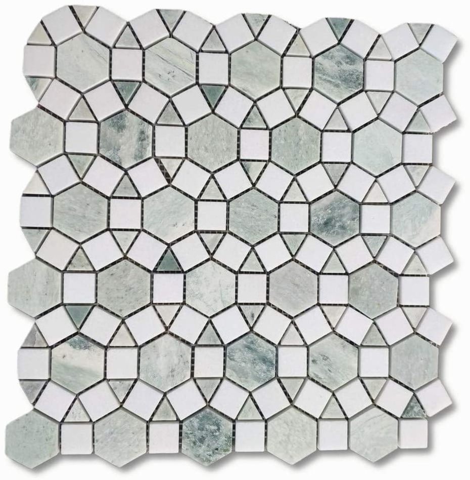 New Design Century Mosaic Polished  White And Ming Green Flower Mosaic Tile Art Pattern Green Mixed White Circle Marble Mosaic