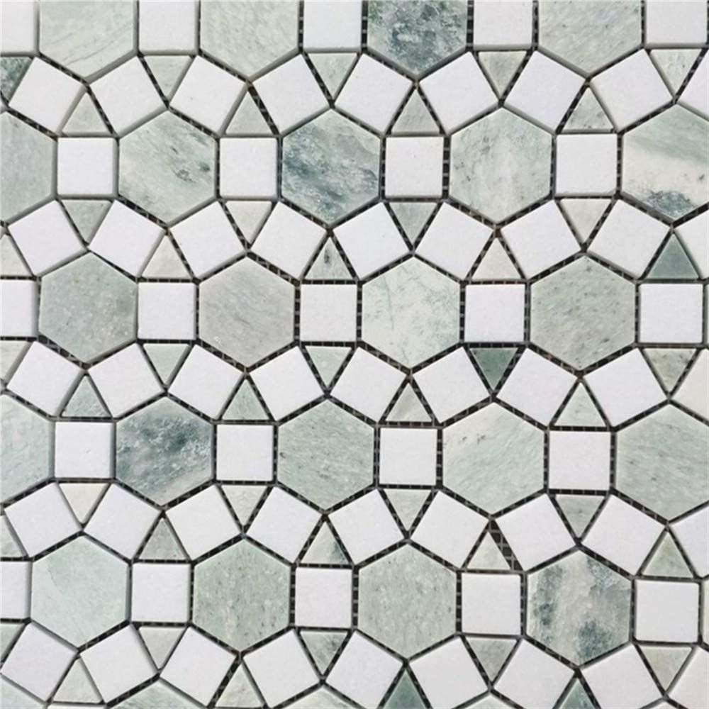 New Design Century Mosaic Polished  White And Ming Green Flower Mosaic Tile Art Pattern Green Mixed White Circle Marble Mosaic