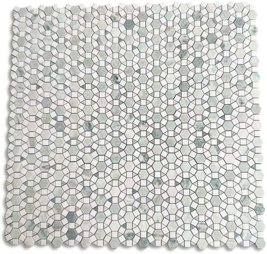 New Design Century Mosaic Polished  White And Ming Green Flower Mosaic Tile Art Pattern Green Mixed White Circle Marble Mosaic