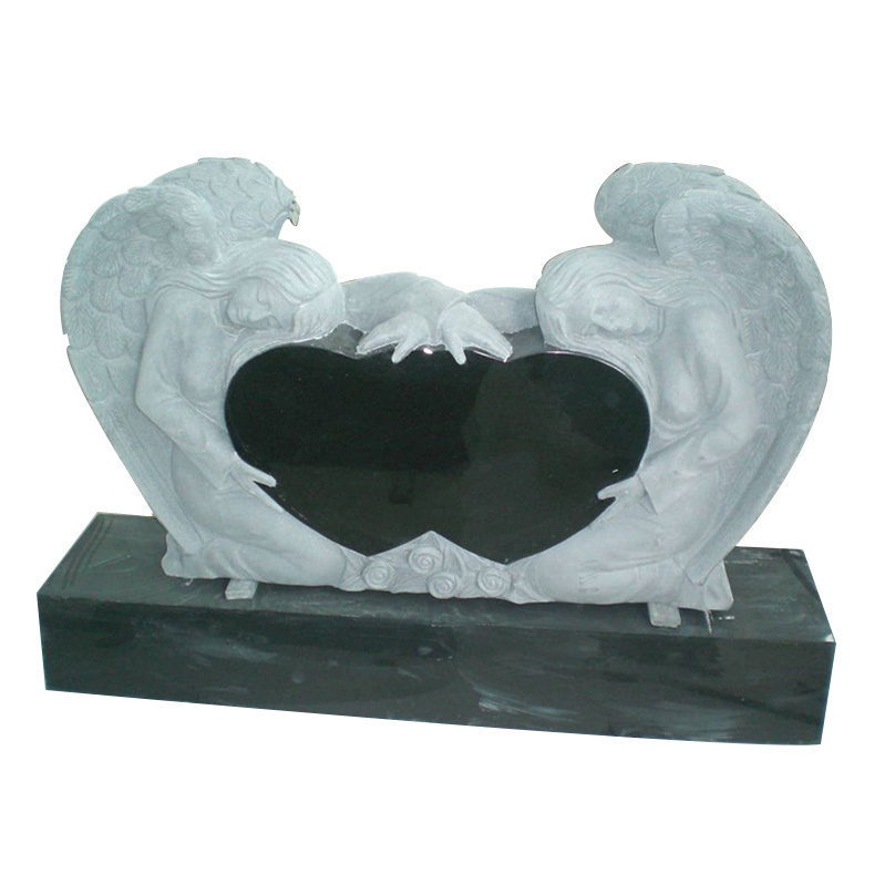 Custom black granite tombstone Marble Angel Statue Holding Black Heart Shape Headstones Tombstone