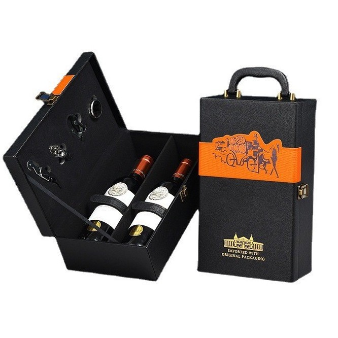 Wholesale luxury black leather red wine 2 bottle packing gift box custom logo packaging storage box