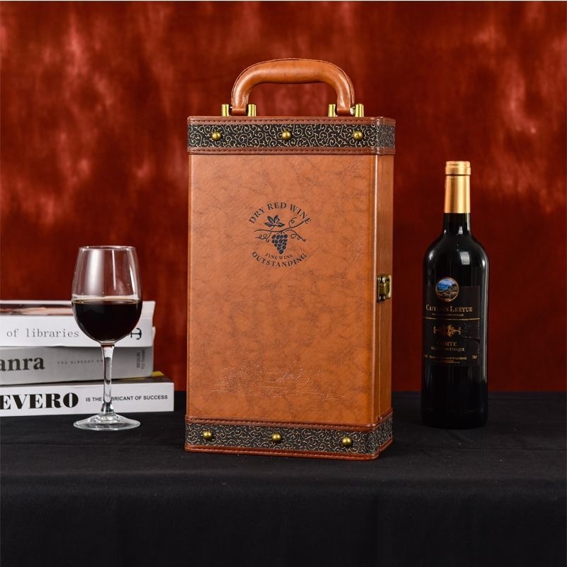 Wholesale luxury black leather red wine 2 bottle packing gift box custom logo packaging storage box