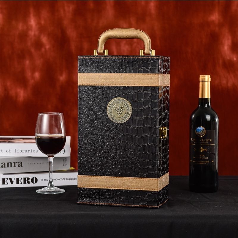 Wholesale luxury black leather red wine 2 bottle packing gift box custom logo packaging storage box