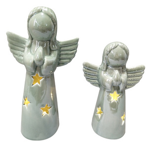 Dehua factory supply custom color indoor christmas decoration ornaments led light ceramic angel figures