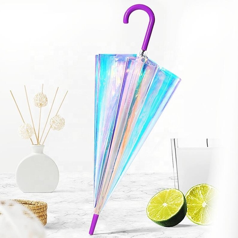 Reflective Laser Change Colorful Iridescent Clear Transparent Gradient Plastic PVC Hologram Holographic Umbrella For Gift