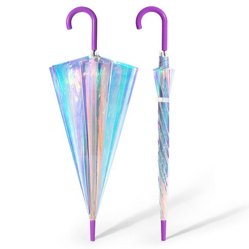 Reflective Laser Change Colorful Iridescent Clear Transparent Gradient Plastic PVC Hologram Holographic Umbrella For Gift