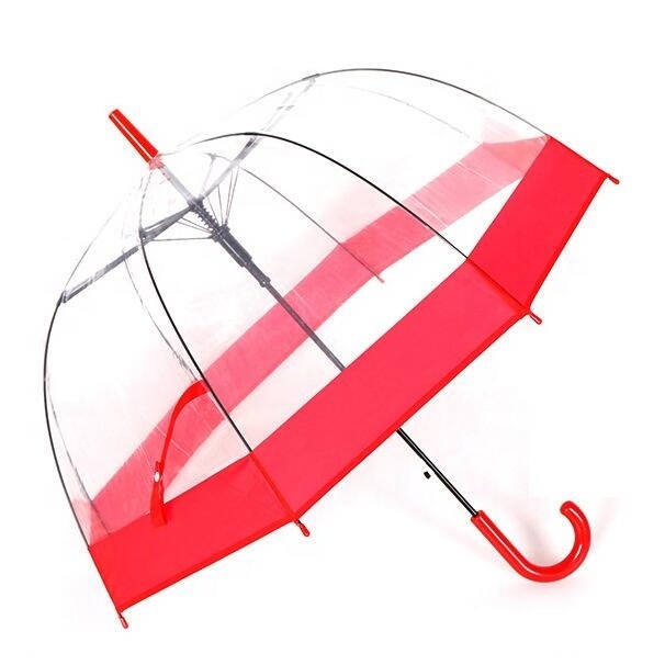 Custom Waterproof Rain Plastic Cover Clear Red Age Logo Transparent Poe Bubble Dome Clear Auto Open Promotion Straight Umbrella