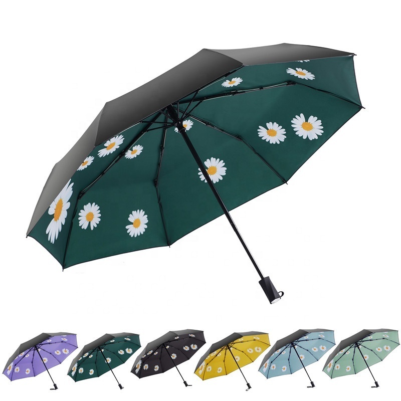 Patio Black UV Coating with Daisy Flower Sun Rain Umbrellas Safe Manual Open and Close Fashion Design 3 Folding Umbrellas