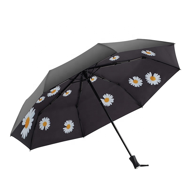 Patio Black UV Coating with Daisy Flower Sun Rain Umbrellas Safe Manual Open and Close Fashion Design 3 Folding Umbrellas