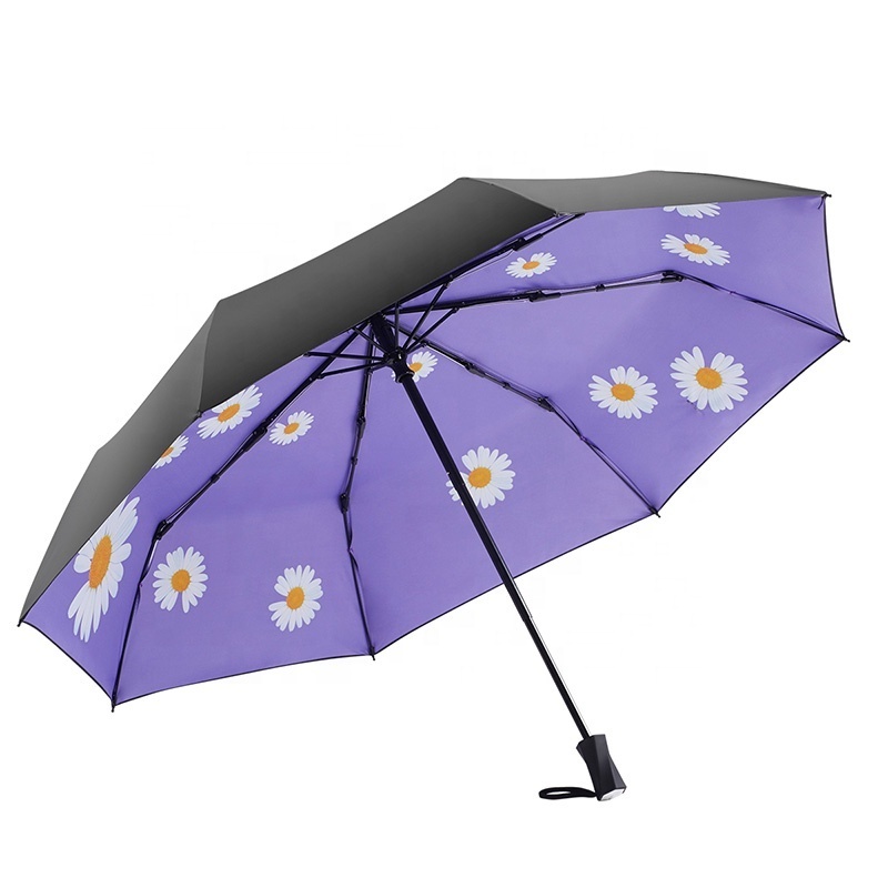 Patio Black UV Coating with Daisy Flower Sun Rain Umbrellas Safe Manual Open and Close Fashion Design 3 Folding Umbrellas