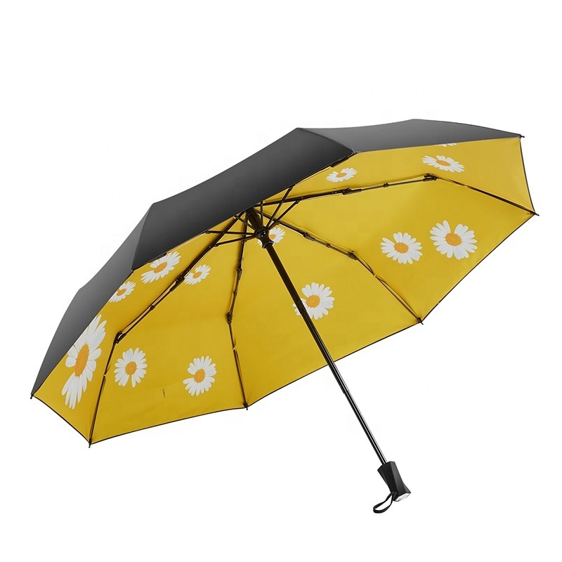 Patio Black UV Coating with Daisy Flower Sun Rain Umbrellas Safe Manual Open and Close Fashion Design 3 Folding Umbrellas