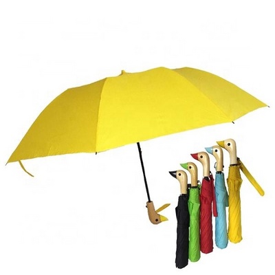 Colorful Customized Advertising Logo Printing Duck Wooden Handle Unique products Fashion Auto Open 2 Folding Umbrella