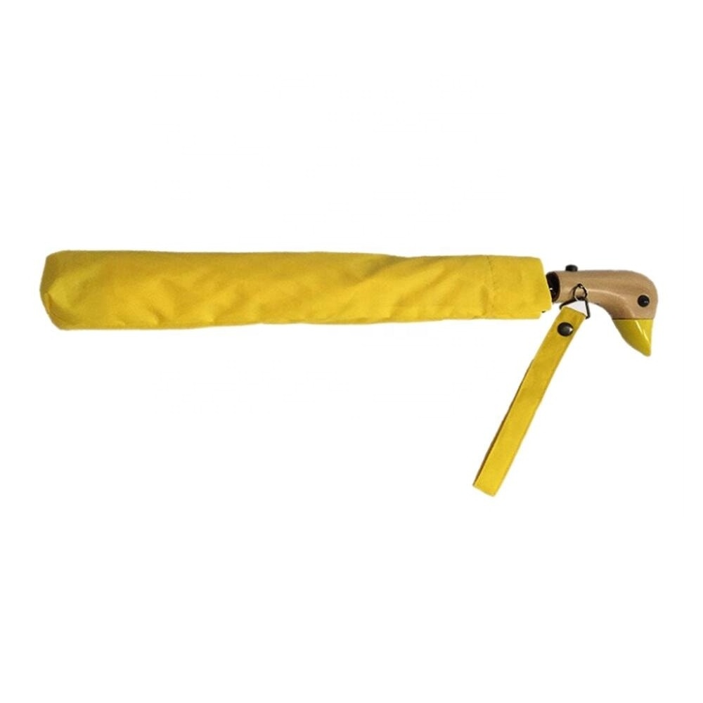 Yellow Customized Logo Printing Foldable fashion automatic 2 Folding Outdoor Umbrella with Wooden Duck Handle