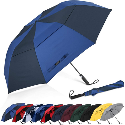 Factory double layer Logo Printing bif Oversize Promotion Custom windproof Storm Vented 2 Folding Automatic Fold Golf Umbrella