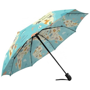 Fashion Digital Printing Windproof Compact Rain Map Logo Storm Strong fully automatic 3 Folding Umbrella for women