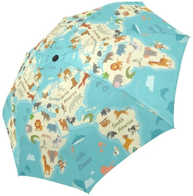 Fashion Digital Printing Windproof Compact Rain Map Logo Storm Strong fully automatic 3 Folding Umbrella for women