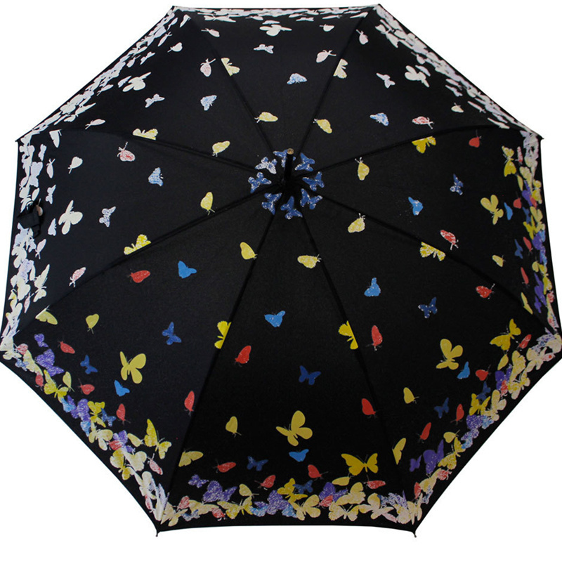 Factory Direct Sales Hot Creative Butterfly Color Magic Changing Print Straight Rain Umbrella for rain