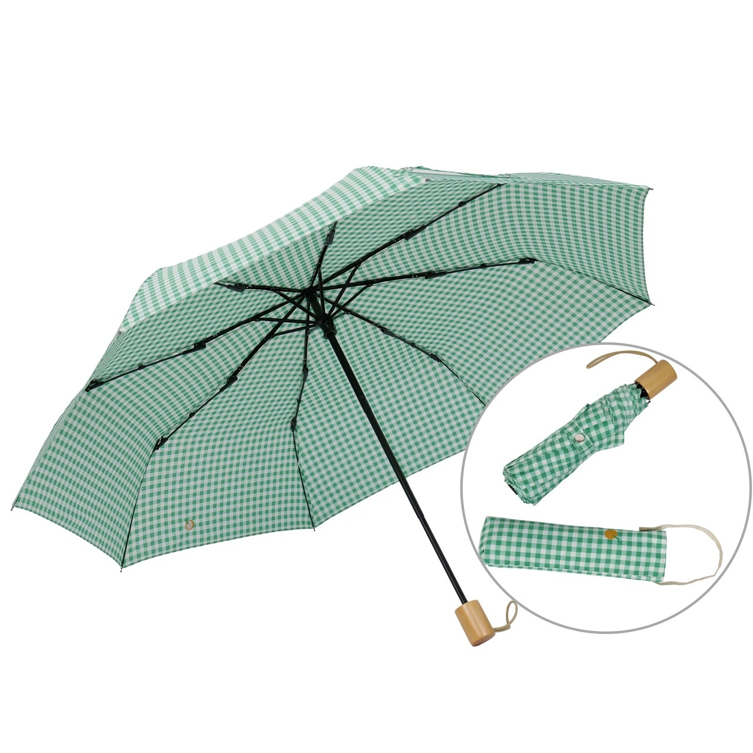 Fashion Quality Green Check Wooden Handle Windproof Travel Size Compact Lady Women 3 Folding Umbrella with Tote Bag