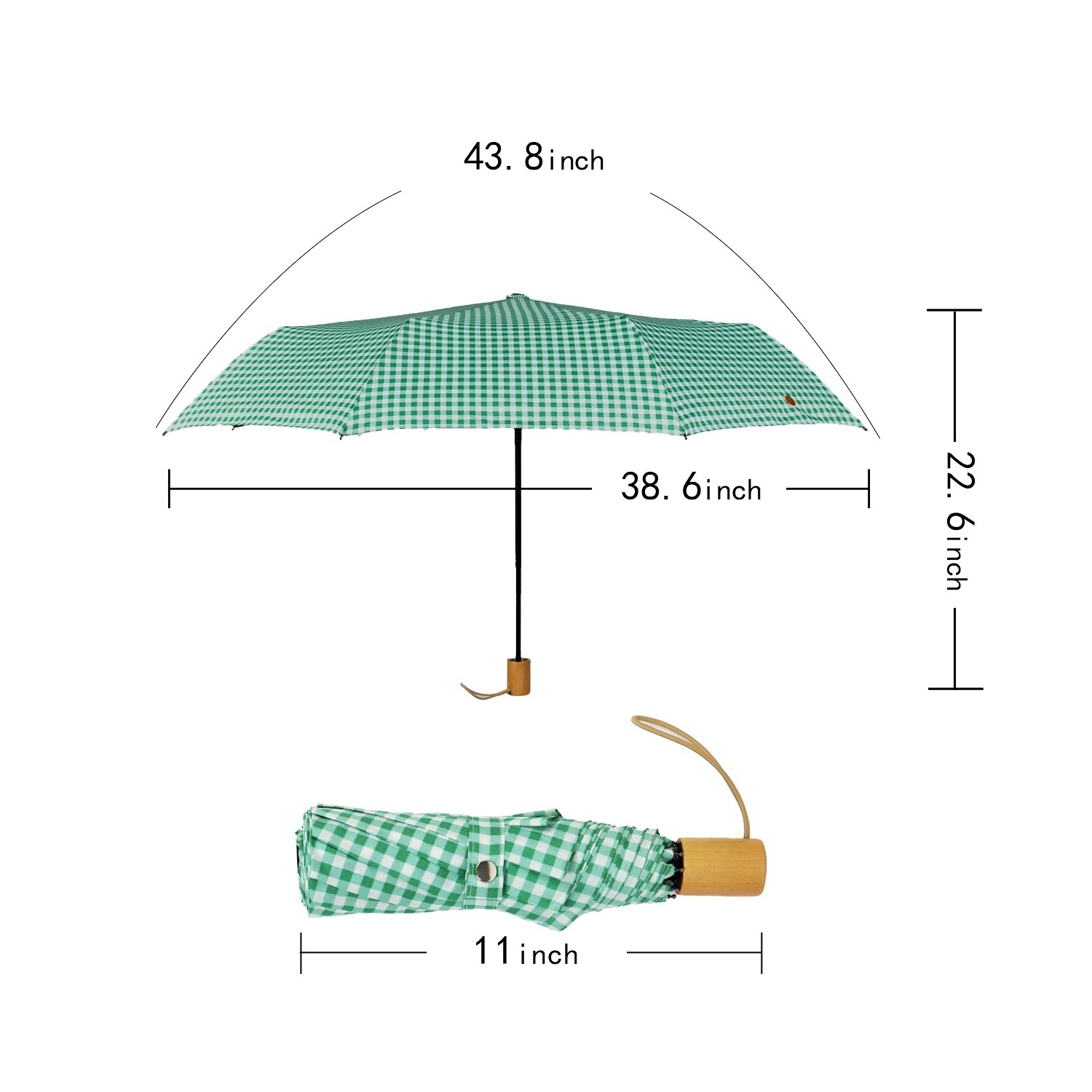 Fashion Quality Green Check Wooden Handle Windproof Travel Size Compact Lady Women 3 Folding Umbrella with Tote Bag