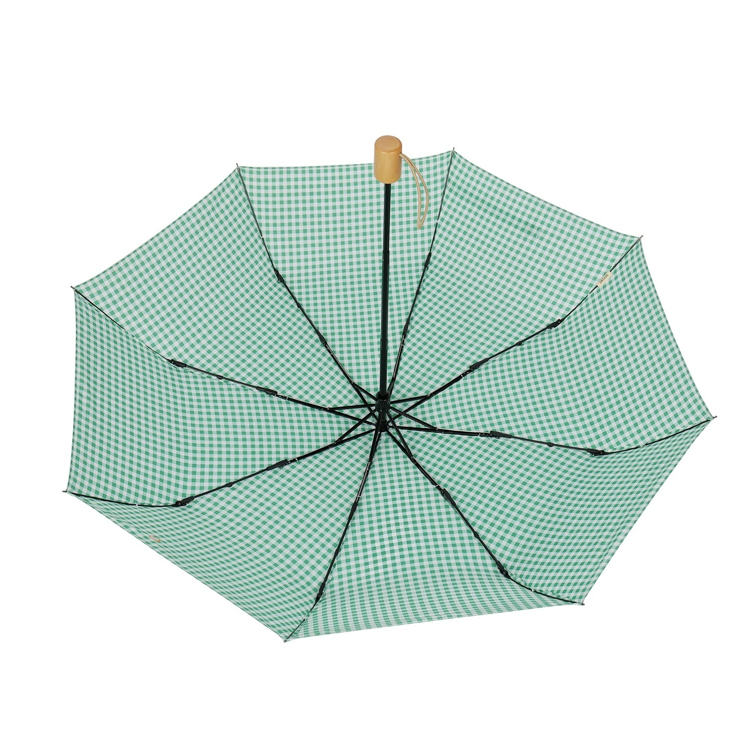 Fashion Quality Green Check Wooden Handle Windproof Travel Size Compact Lady Women 3 Folding Umbrella with Tote Bag