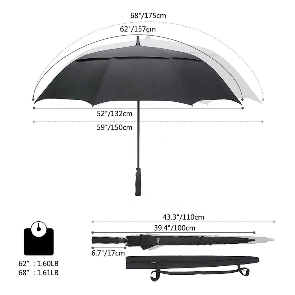 Black 62 Inch 68 Inch Extra Large Oversize Double Layer Vented Outdoor Stick Automatic Open Golf Umbrellas for Man