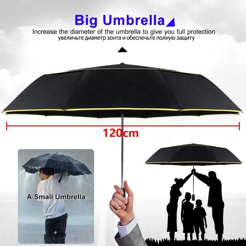 Quality Travel Unique Large Size Foldable Double Canopy Fully Automatic  Air Vented 3 Folding Golf Umbrella With Color Strip