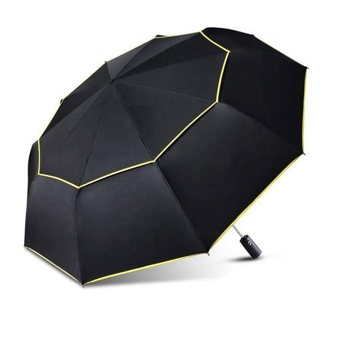 Quality Travel Unique Large Size Foldable Double Canopy Fully Automatic  Air Vented 3 Folding Golf Umbrella With Color Strip