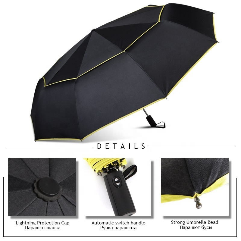 Quality Travel Unique Large Size Foldable Double Canopy Fully Automatic  Air Vented 3 Folding Golf Umbrella With Color Strip