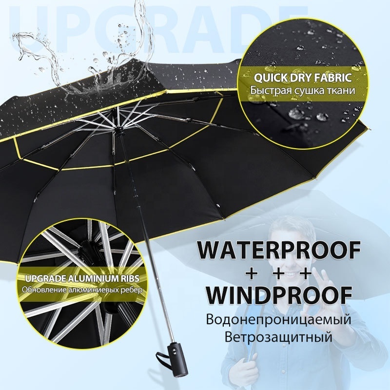 Quality Travel Unique Large Size Foldable Double Canopy Fully Automatic  Air Vented 3 Folding Golf Umbrella With Color Strip