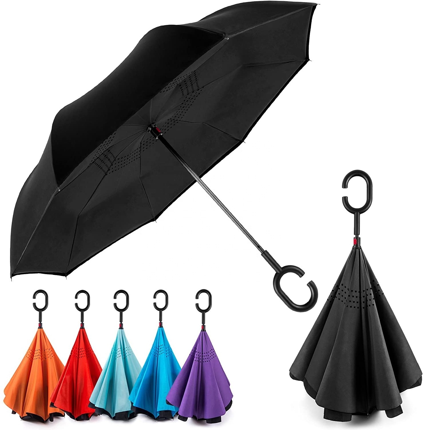 Wholesale Custom Promotion C Handle Windproof Reverse Inverted Double Layer Car Stick Umbrella With Upside Down