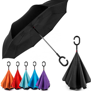 Wholesale Custom Promotion C Handle Windproof Reverse Inverted Double Layer Car Stick Umbrella With Upside Down