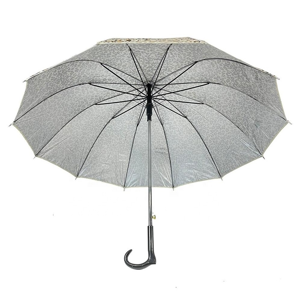 Unique Design Leopard Print Sliver Coating UV Protection Rain Sun Stick Umbrella With Cane Non-Slip