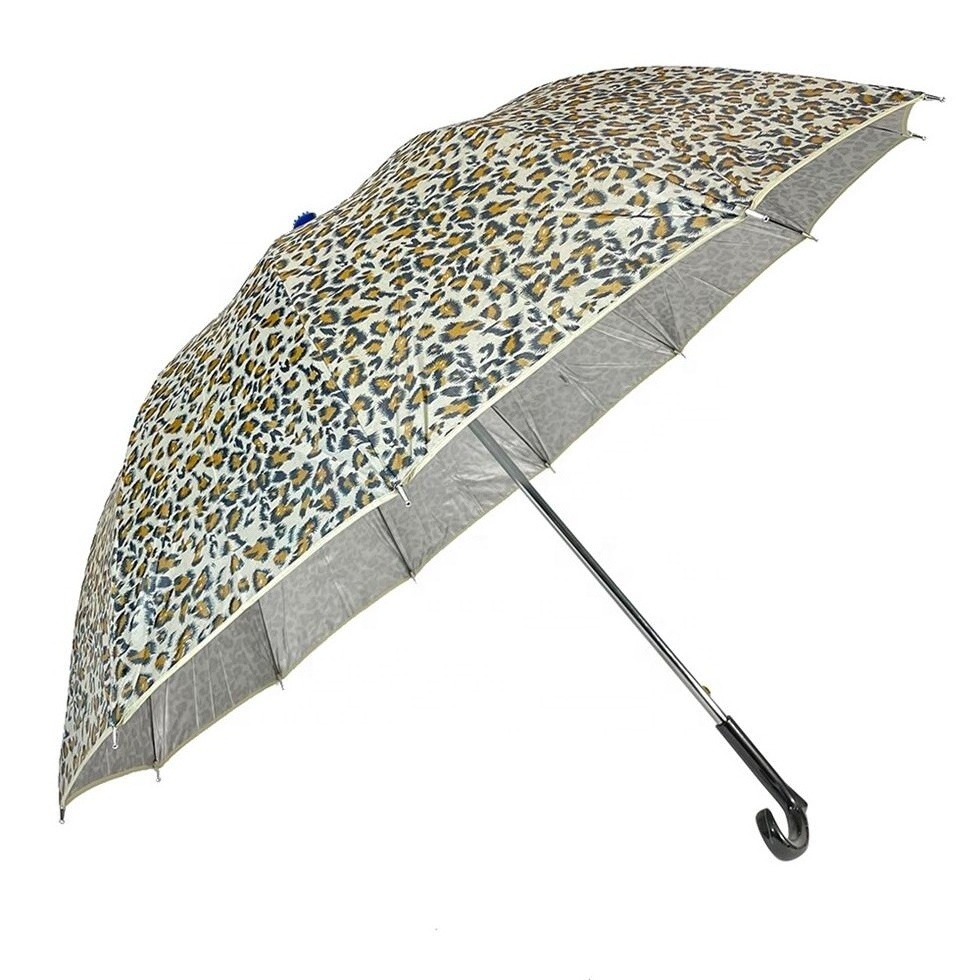 Unique Design Leopard Print Sliver Coating UV Protection Rain Sun Stick Umbrella With Cane Non-Slip