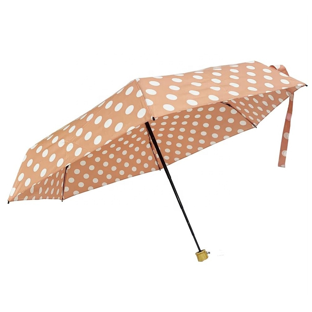 Custom logo printing pink polka dot 5 fold ladies light weight pocket mini waterproof rain 5 folding travel lady umbrella