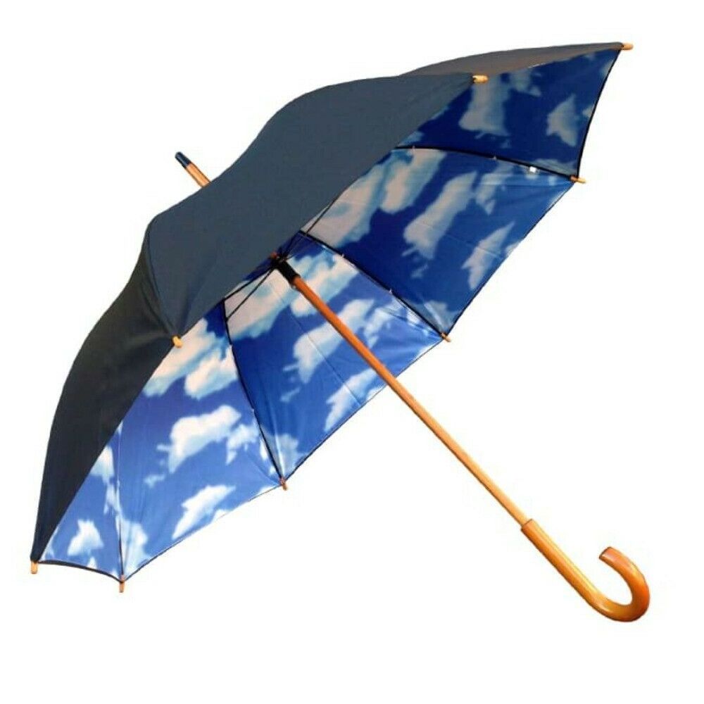 Giant Straight Golf Black Double Layer Inside Print Sky Blue and White Cloud Wood Umbrella For outdoor