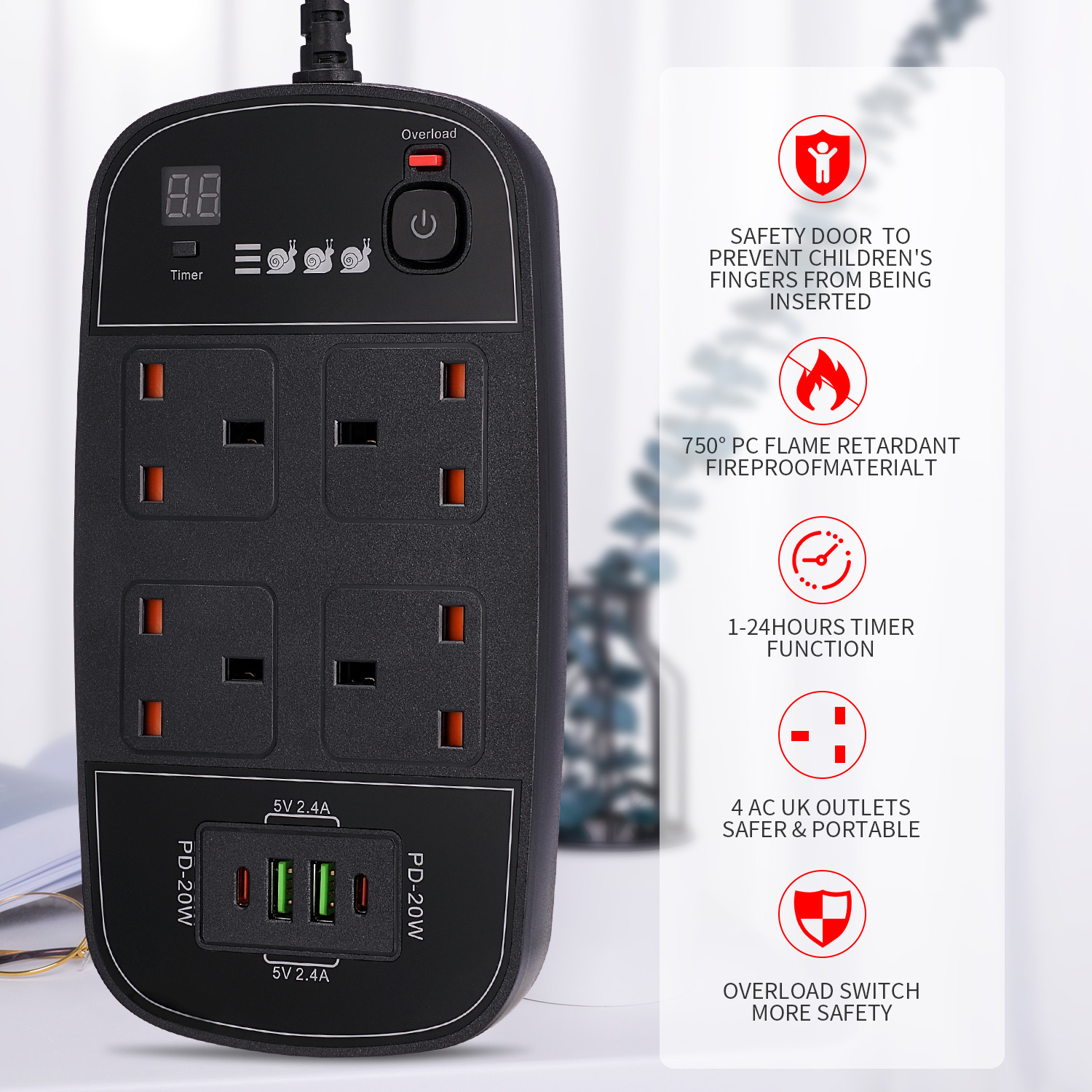 Timer Usb Pd Port Power Socket With 4 Quick Charge 4 Way Electric Power Strip Overload Switch Uk Extension Socket