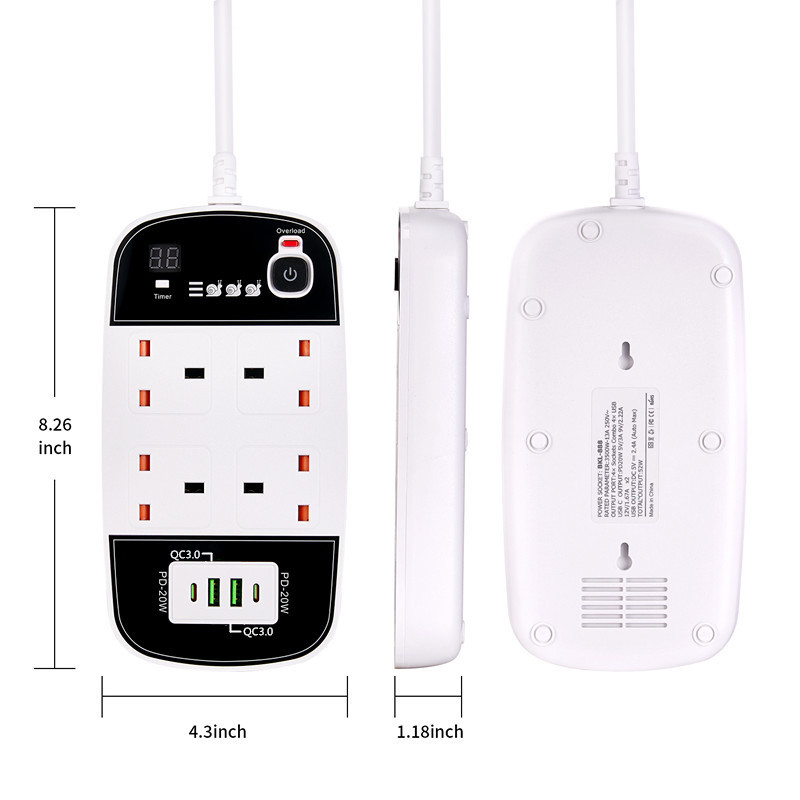 Timer Usb Pd Port Power Socket With 4 Quick Charge 4 Way Electric Power Strip Overload Switch Uk Extension Socket