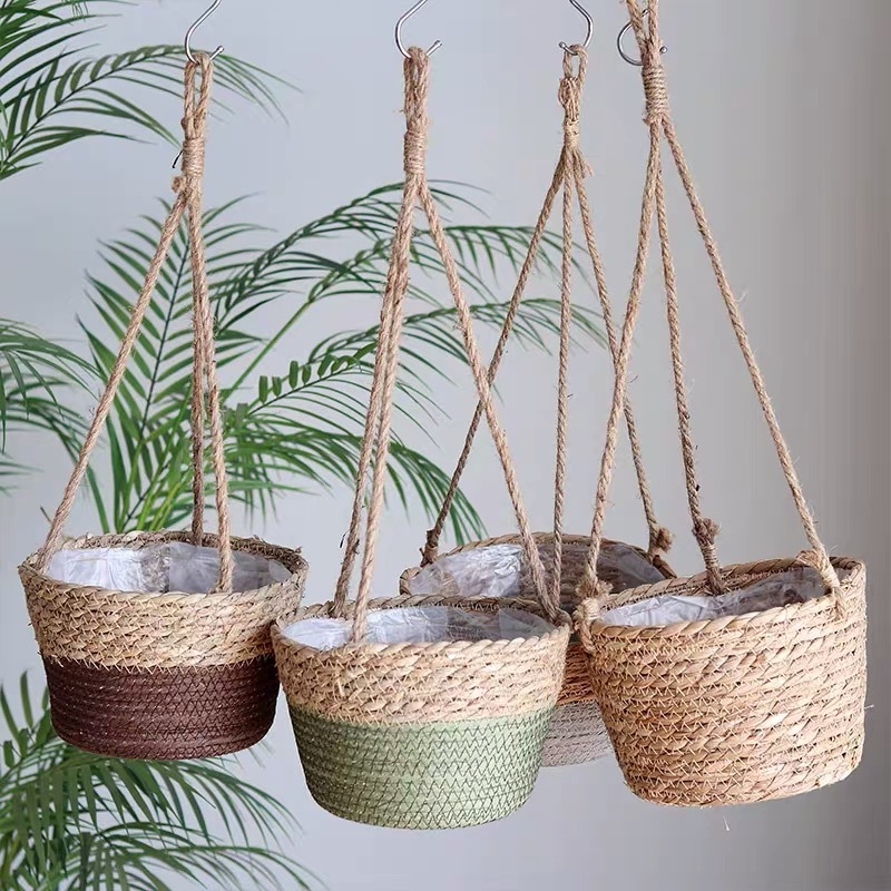 4 Pieces Hanging Planter Basket Set Jute Rope Plant Hangers Hand Woven Storage Flower Pot with Waterproof Plastic Liner Indoor