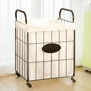 Decor Metal Cart Vintage Laundry Rolling Hamper with Wheels Storage Basket  White