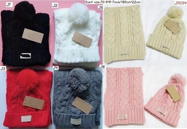 Popular Luxury Designer Hat Scarf Set Fur Warm Winter Pom Pom Knitted Hat Beanies Custom Logo Brands Scarf Adult Set