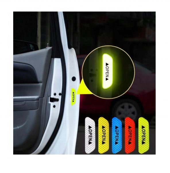 4pcs/set Car Door Reflective Sticker Safety Luminous Warning Anti-collision Stickers OPEN  Auto Door Reflective Strip