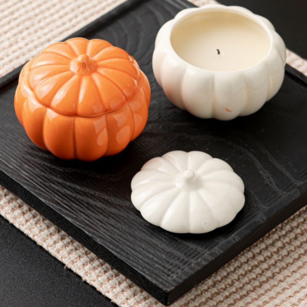 Halloween Pumpkin Embossed Design High Quality Round Ceramic Colorful Wax Jars Tealight Warmers Scented Candle Holder For Home